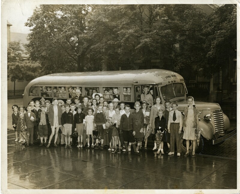 Children bused to religious vacation schoo, rainy day, ca. 1951, Altoon, PA, 1950 (Front), CCD Box 40.jpg