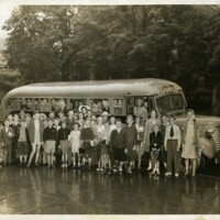 Children bused to religious vacation schoo, rainy day, ca. 1951, Altoon, PA, 1950 (Front), CCD Box 40.jpg