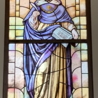 Stained Glass Window of St. Thomas Aquinas in the Busch School of Business St. Michael the Archangel Chapel, Closer Image.